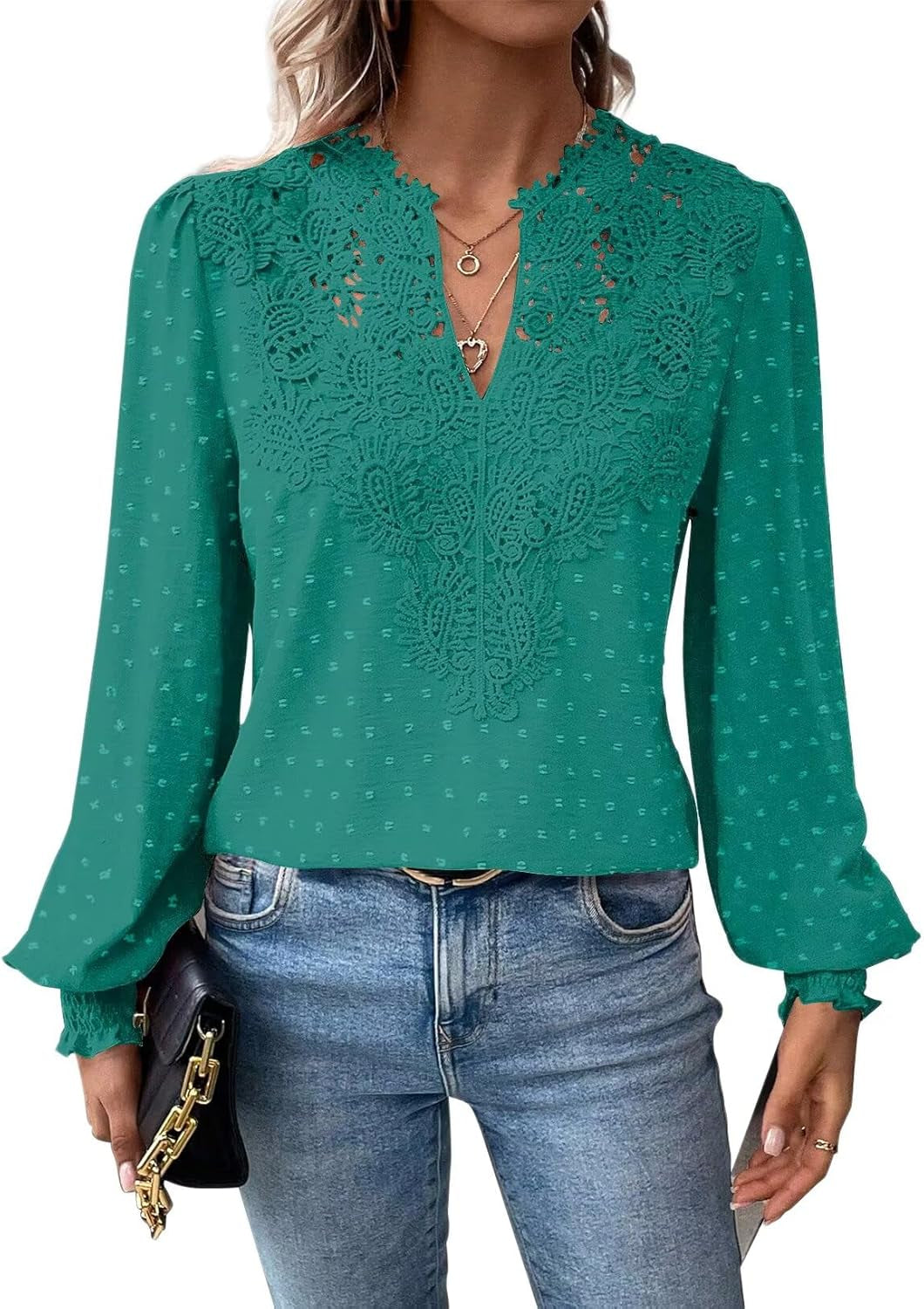 Womens Tops Swiss Dot Boho Long Sleeve Shirts V Neck Casual Chiffon Blouses Flowy Lace Hem Cute Clothing Trendy 2025