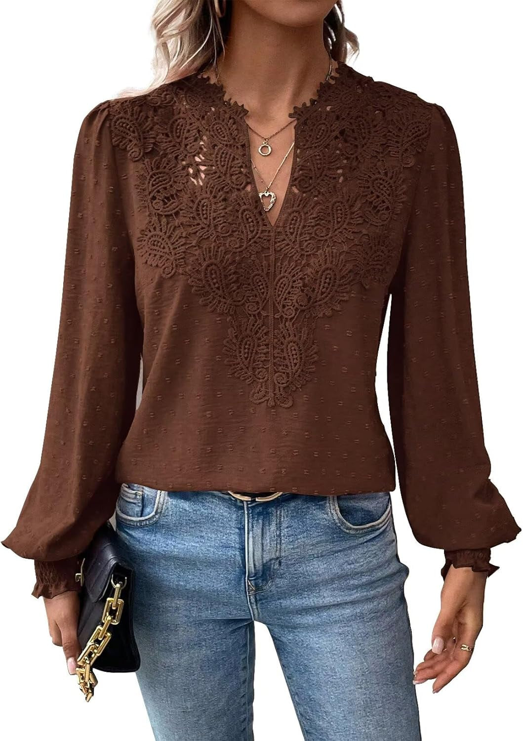 Womens Tops Swiss Dot Boho Long Sleeve Shirts V Neck Casual Chiffon Blouses Flowy Lace Hem Cute Clothing Trendy 2025