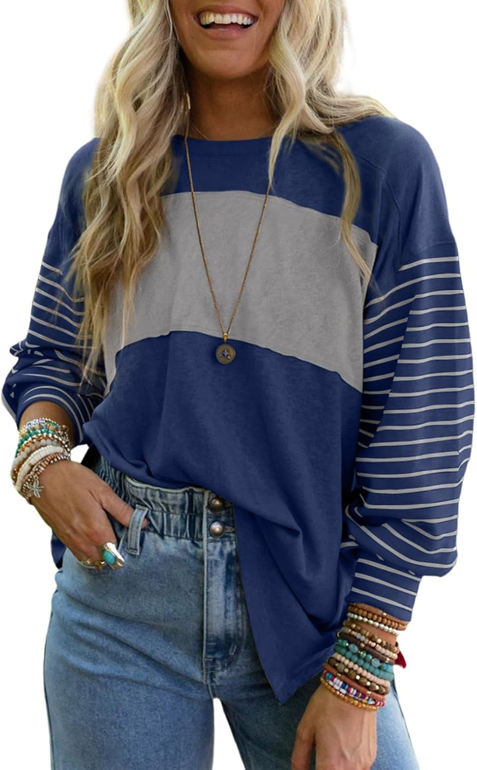 Long Sleeve Tops Oversized 2025 Trendy round Crew Neck Casual Color Block Womens Shirts Blouses