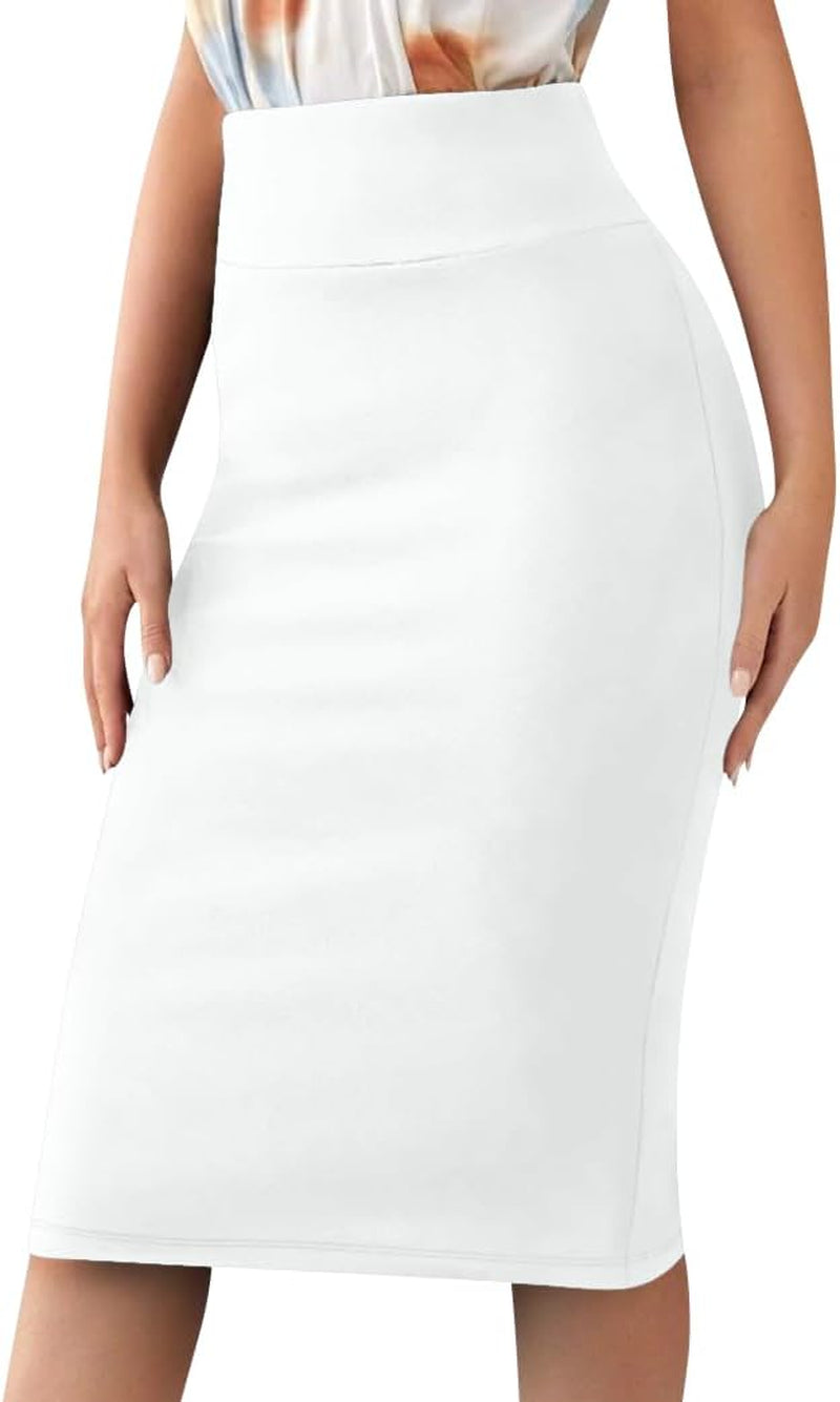 Women’S Basic Stretch Pencil Skirt- Regular & plus Size- below Knee Office Midi Bodycon Nylon Skirt Made in USA