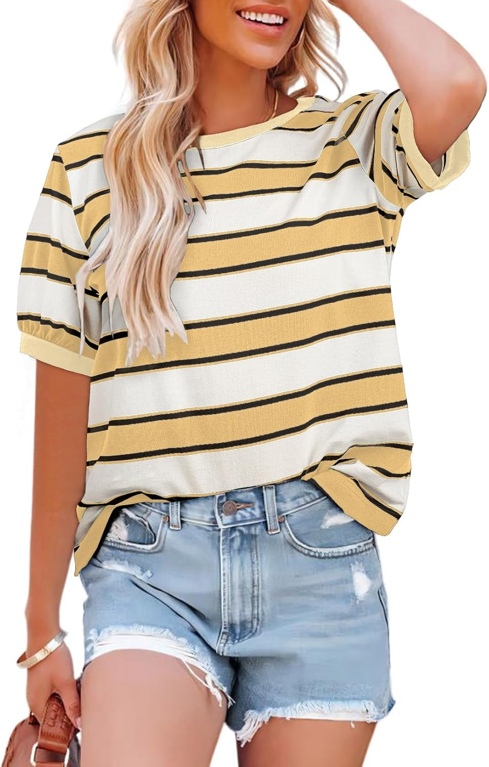 Womens Summer Tops 2025 Striped Color Block Short Sleeve T-Shirts Crewneck Casual Loose Basic Tee Blouses