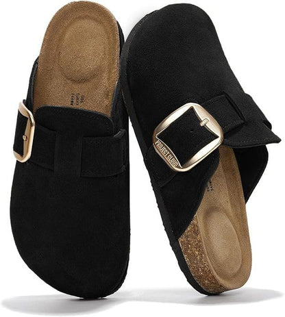 100% Genuine Leather Clogs for Women Shoes - Memory Foam Insole, Non-Slip & Natural Cork Footbed Arch Support Big Buckle Womens Clogs and Mules Footwear (Manchester)