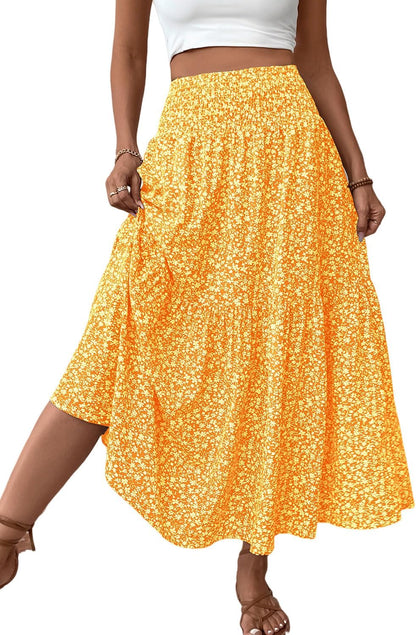 Women'S Smocked High Waist Maxi Skirt Casual Boho Long Skirts with Pockets