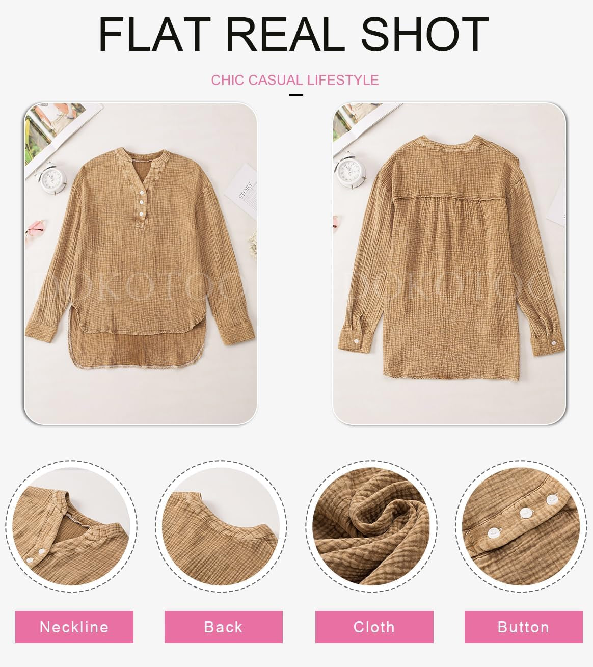 Womens Casual Button V Neck Long Sleeve Shirts Oversized Solid Blouses Tops