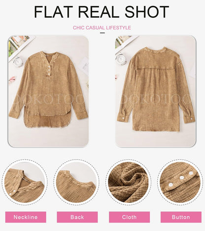 Womens Casual Button V Neck Long Sleeve Shirts Oversized Solid Blouses Tops