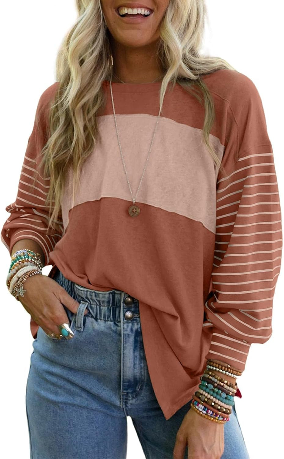 Long Sleeve Tops Oversized 2025 Trendy round Crew Neck Casual Color Block Womens Shirts Blouses