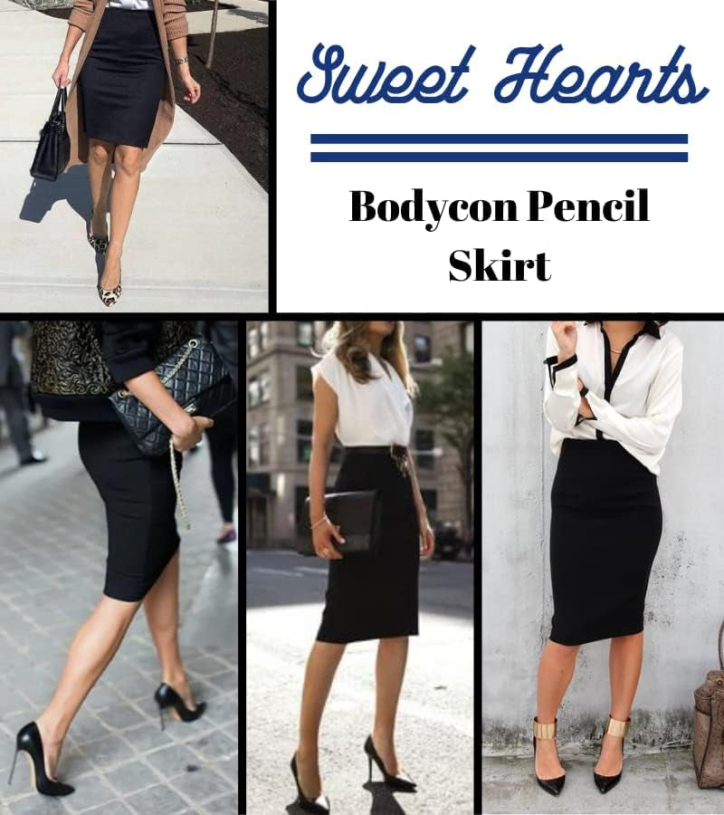 Women’S Basic Stretch Pencil Skirt- Regular & plus Size- below Knee Office Midi Bodycon Nylon Skirt Made in USA