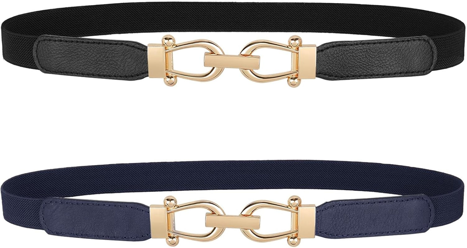 Women Skinny Elastic Belt for Dresses,Thin Retro Stretch Waist Belt with Golden Buckle