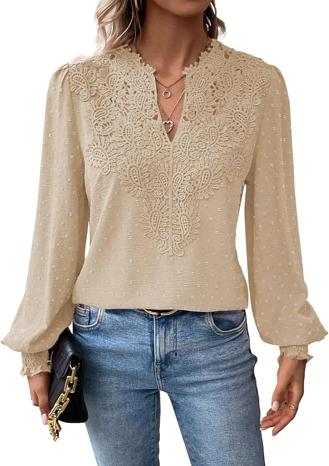 Womens Tops Swiss Dot Boho Long Sleeve Shirts V Neck Casual Chiffon Blouses Flowy Lace Hem Cute Clothing Trendy 2025