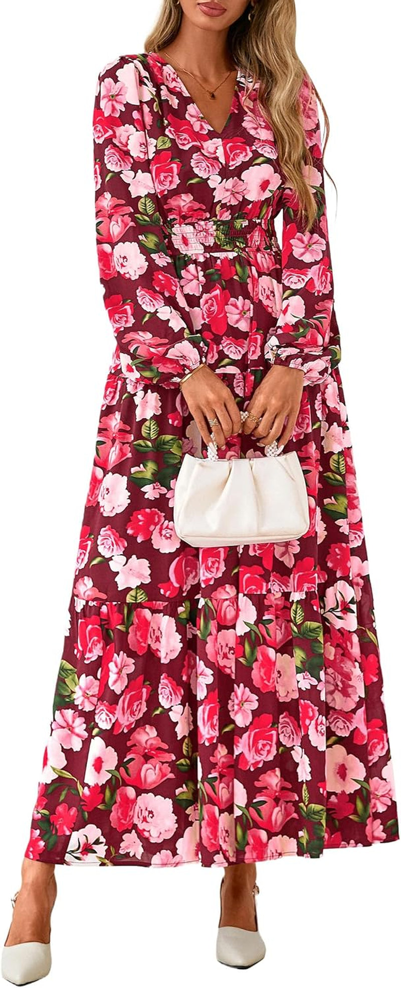Long Sleeve Maxi Fall Dresses for Women 2026 Vneck Smocked Boho Floral Tiered Swing Flowy Wedding Guest Dress