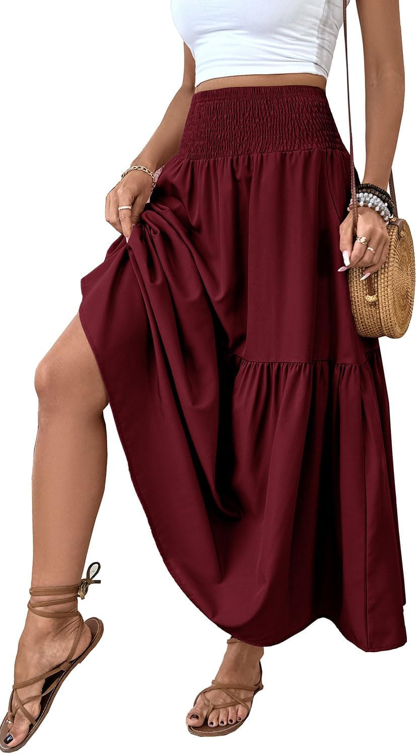 Women'S Smocked High Waist Maxi Skirt Casual Boho Long Skirts with Pockets