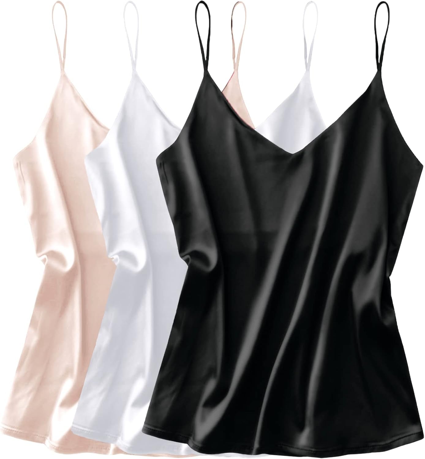 3 Pack: Womens Silk Satin Tank Top V Neck Camisole Cami Spaghetti Strap Top Loose Sleeveless Blouses Tank Shirt