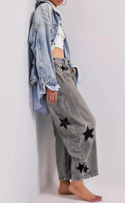 Y2K Barrel Jeans Women Wide Leg Baggy Distressed Printed Boyfriend Horseshoe Denim Pants