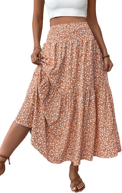 Women'S Smocked High Waist Maxi Skirt Casual Boho Long Skirts with Pockets