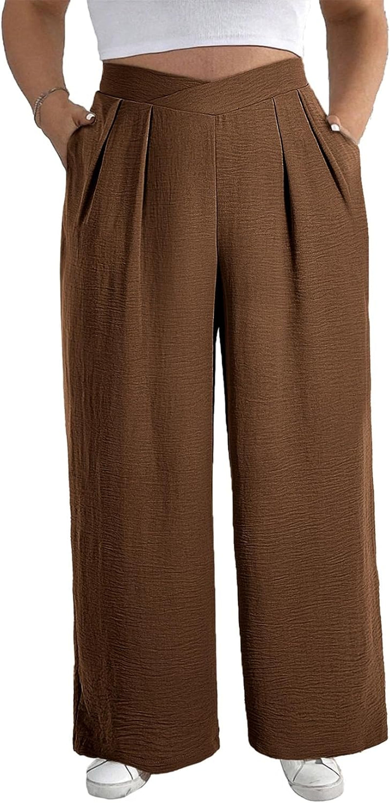 Womens plus Size Wide Leg Pants Crossover Waist Pleated Front Casual Work Pants Lounge Trouser with Pockets(1X-5X)