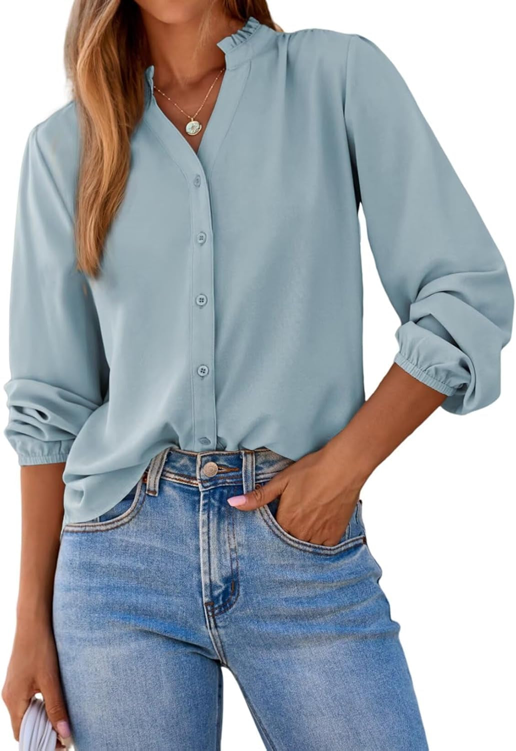 Womens Tops Blouses for Women Dressy Casual Button down Shirts V Neck Long Sleeve Shirts Business Work Blouses