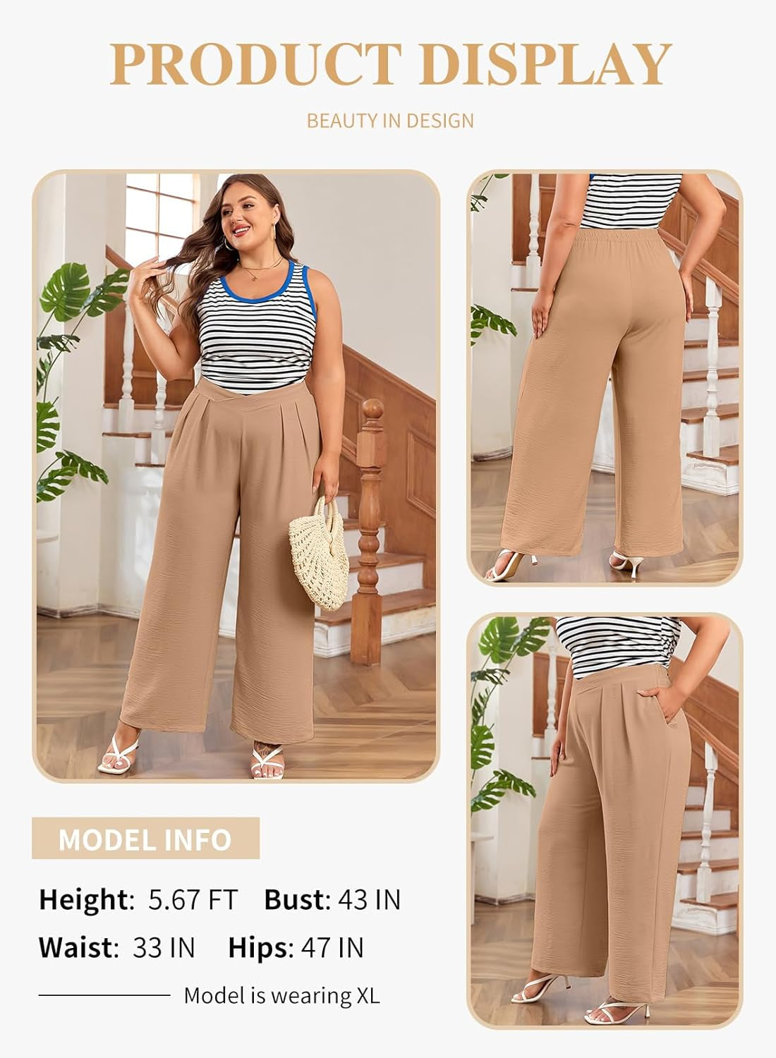Womens plus Size Wide Leg Pants Crossover Waist Pleated Front Casual Work Pants Lounge Trouser with Pockets(1X-5X)