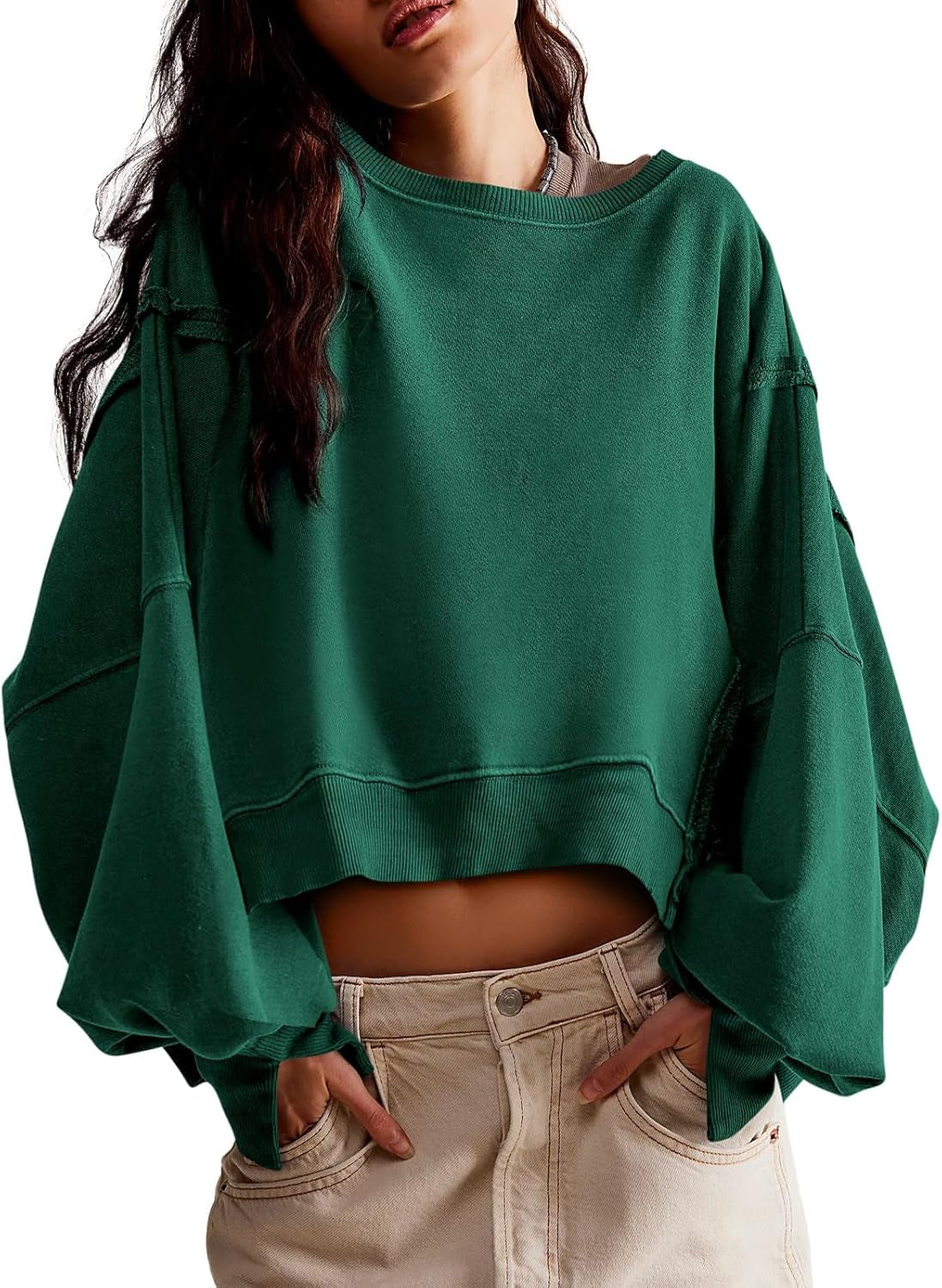 Womens Casual Sweatshirt Long Sleeve Tops Crewneck Loose Fit Tee Pullover Crop Tshirt Side Slit Fall Fashion 2024