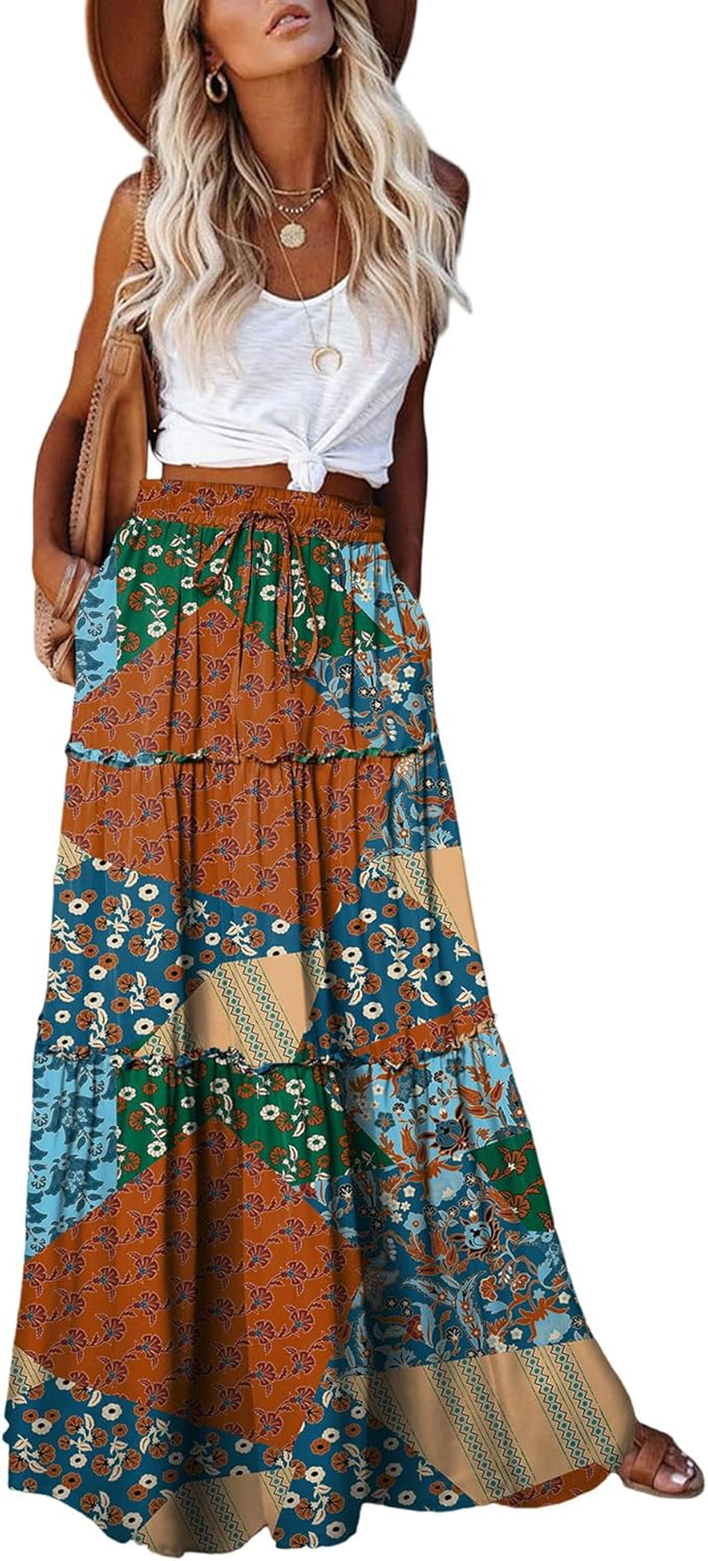 Womens Boho Maxi Skirt 2026 Summer Cruise Casual High Waist Tie Flowy Long Skirt with Pockets for Beach Vacation