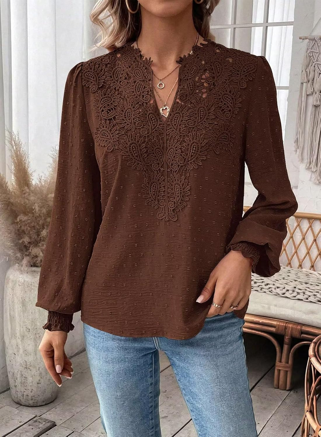 Womens Tops Swiss Dot Boho Long Sleeve Shirts V Neck Casual Chiffon Blouses Flowy Lace Hem Cute Clothing Trendy 2025