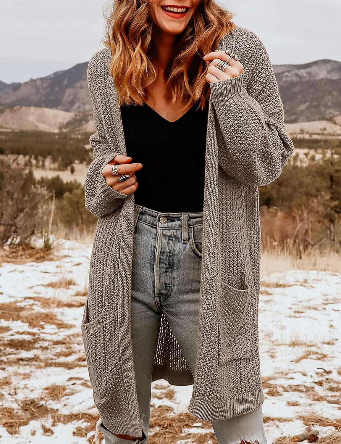 Women'S 2025 Fall Open Front Chunky Knit Sweater Oversized Lantern Sleeve Cardigan Outwear