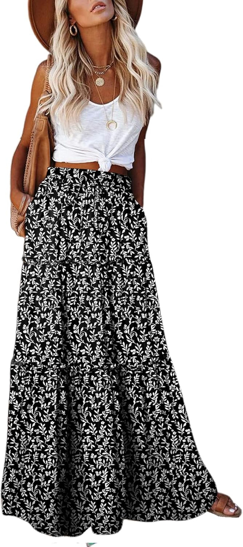 Womens Boho Maxi Skirt 2026 Summer Cruise Casual High Waist Tie Flowy Long Skirt with Pockets for Beach Vacation