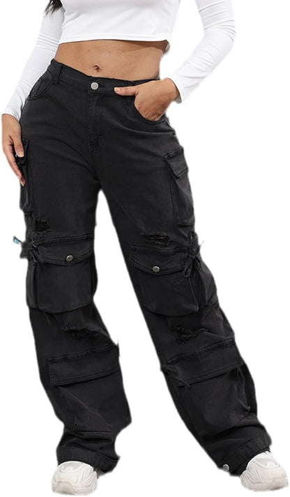 Women'S High Waist Baggy Jeans Flap Pocket Cargo Pants Loose Denim Pants Streetwear