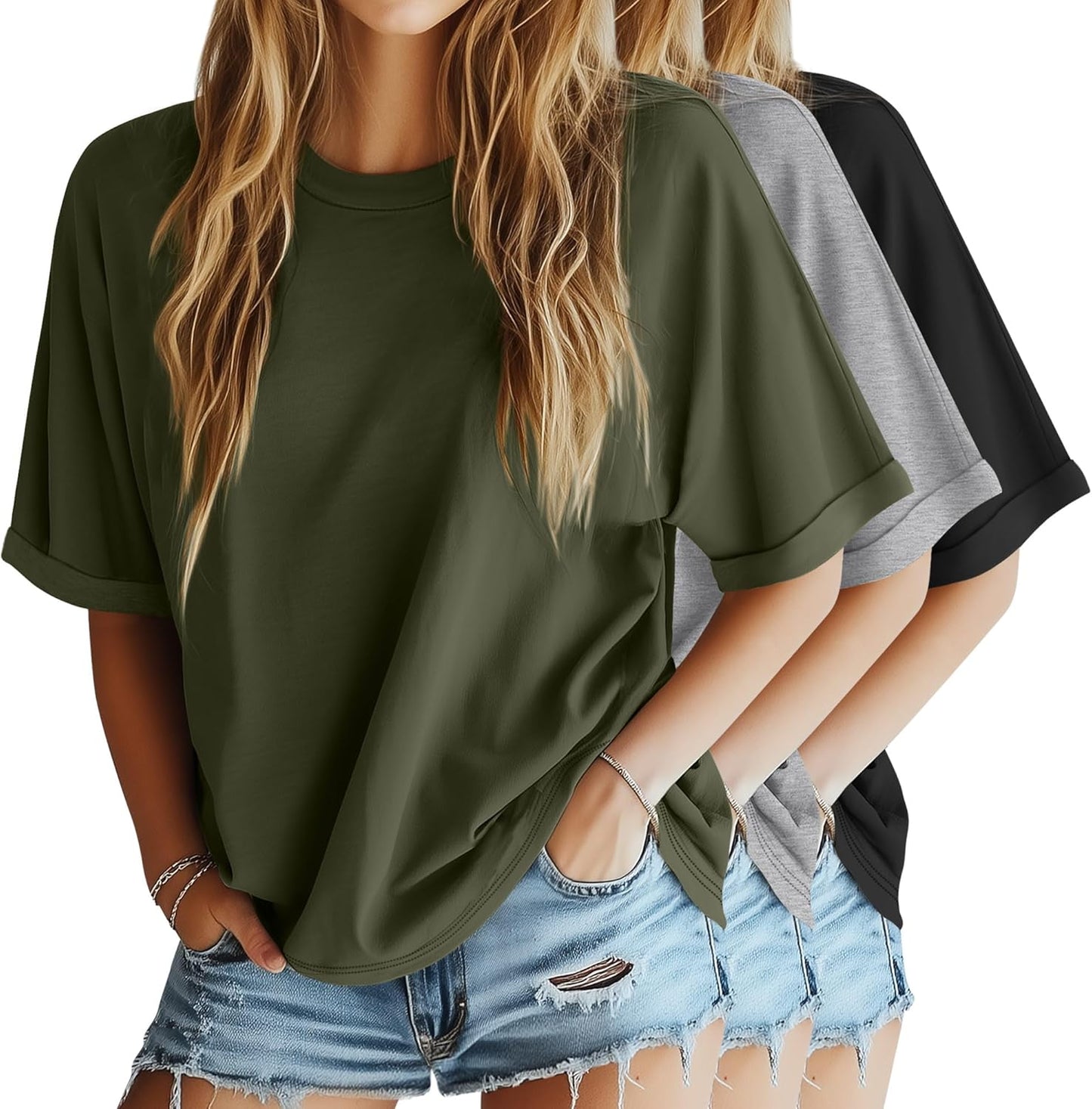 3 Pack Women'S Oversized T-Shirt Half Sleeve Summer Tees Casual Loose Fit Crew Neck Basic Tops