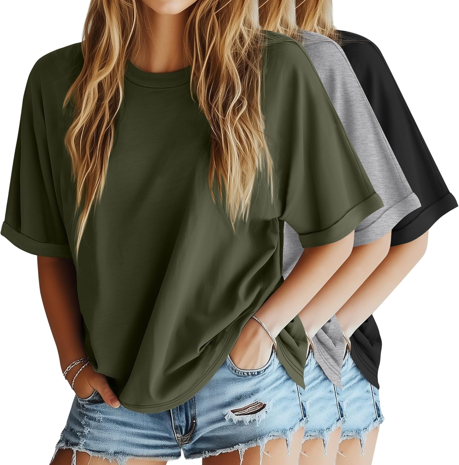 3 Pack Women'S Oversized T-Shirt Half Sleeve Summer Tees Casual Loose Fit Crew Neck Basic Tops
