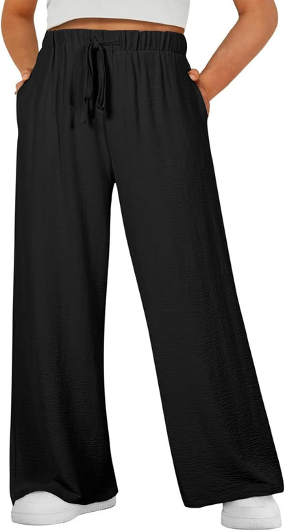 Womens plus Size Pants Summer Elastic High Waist Drawstring Casual Loose Wide Leg Trousers Pants with Pockets(1X-5X)