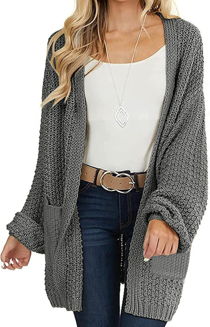 Women'S 2025 Fall Open Front Chunky Knit Sweater Oversized Lantern Sleeve Cardigan Outwear