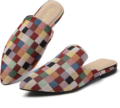 Mules for Woman Comfortable Pointed Toe Backless Loafers Flat Mule Business Casual Shoes Slides Slip On