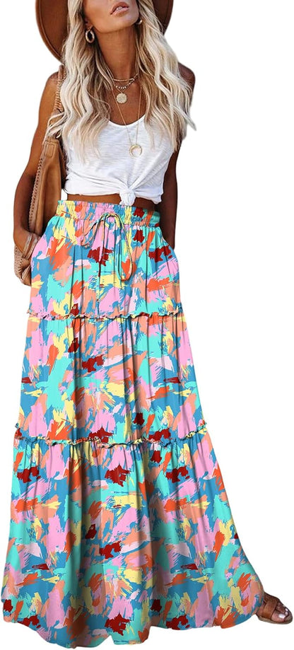 Womens Boho Maxi Skirt 2026 Summer Cruise Casual High Waist Tie Flowy Long Skirt with Pockets for Beach Vacation