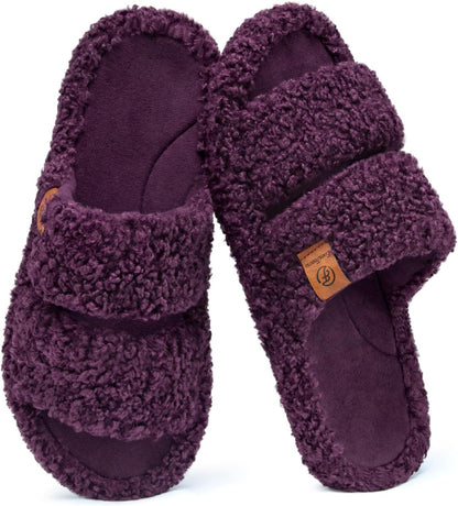 Womens Fuzzy Open-Toe Slippers Soft Comfy Memory Foam Indoor House Shoes