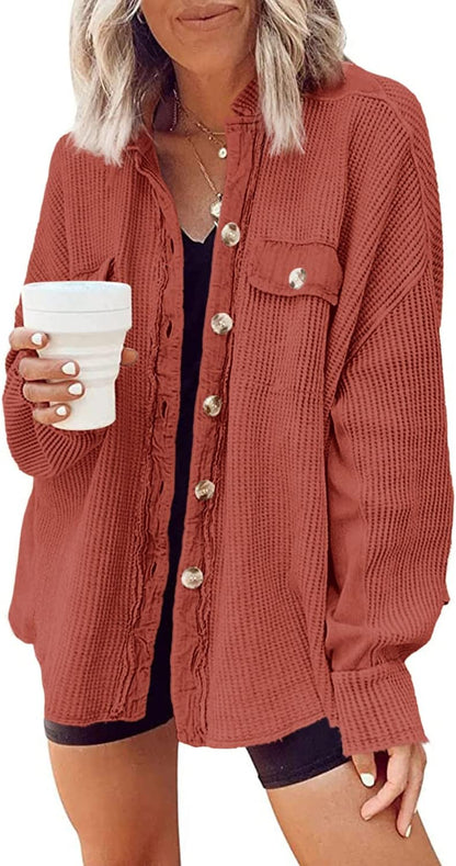 Shackets for Women 2025 Waffle Knit Tops Long Sleeve Button down Shirt Fall Jackets Outfits Corduroy Jacket