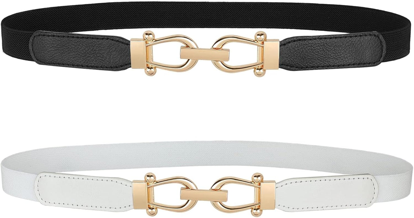 Women Skinny Elastic Belt for Dresses,Thin Retro Stretch Waist Belt with Golden Buckle