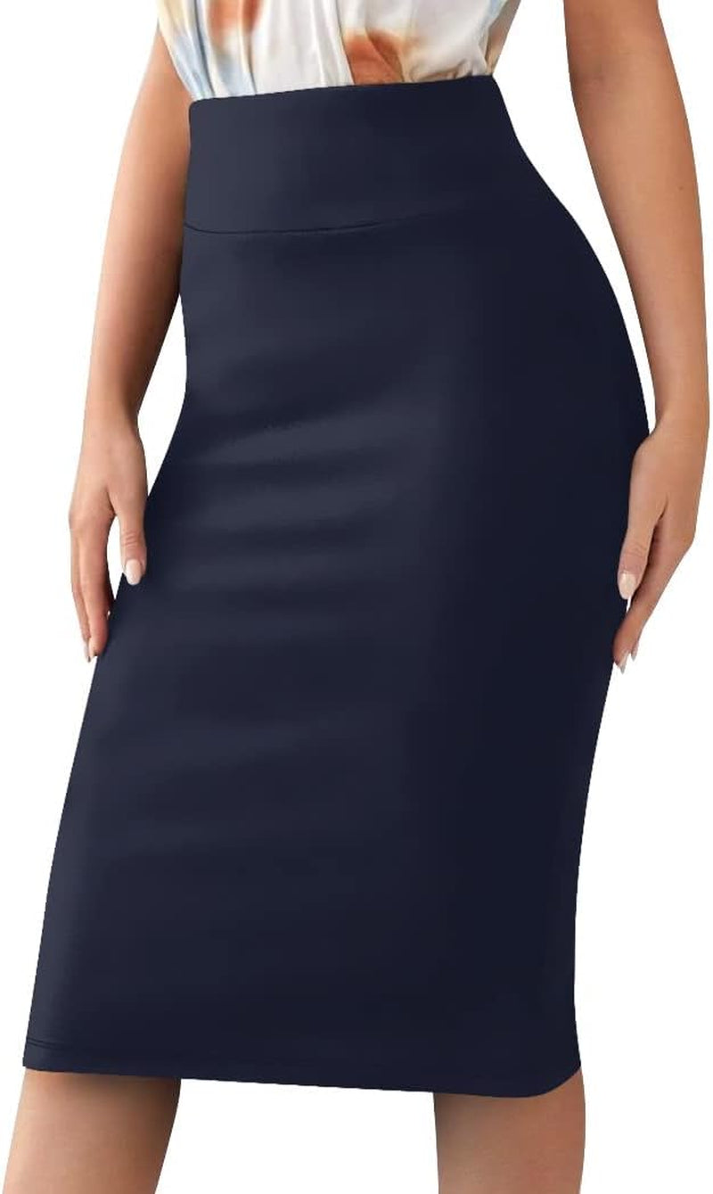 Women’S Basic Stretch Pencil Skirt- Regular & plus Size- below Knee Office Midi Bodycon Nylon Skirt Made in USA