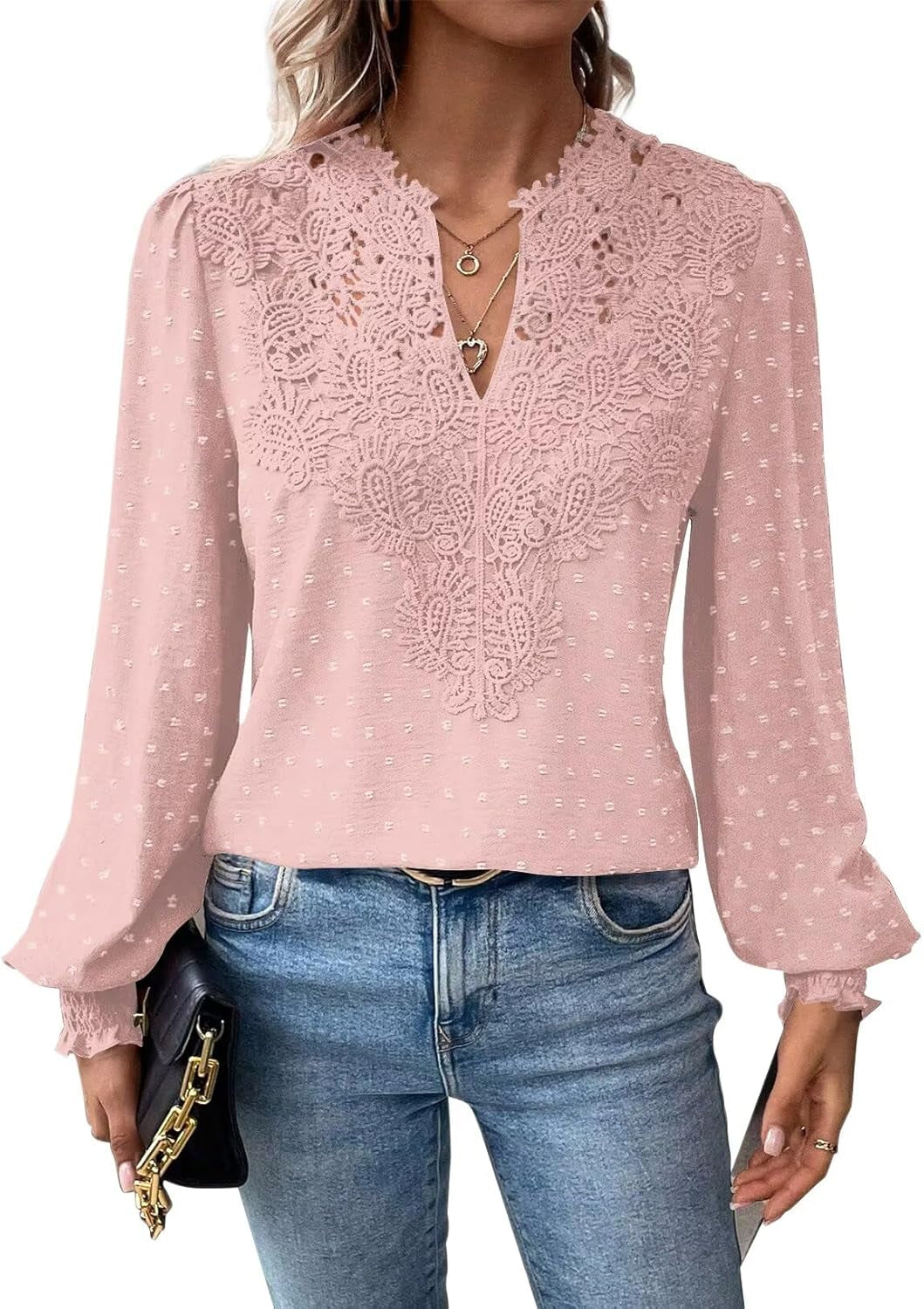 Womens Tops Swiss Dot Boho Long Sleeve Shirts V Neck Casual Chiffon Blouses Flowy Lace Hem Cute Clothing Trendy 2025