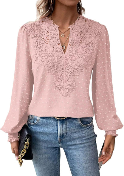 Womens Tops Swiss Dot Boho Long Sleeve Shirts V Neck Casual Chiffon Blouses Flowy Lace Hem Cute Clothing Trendy 2025