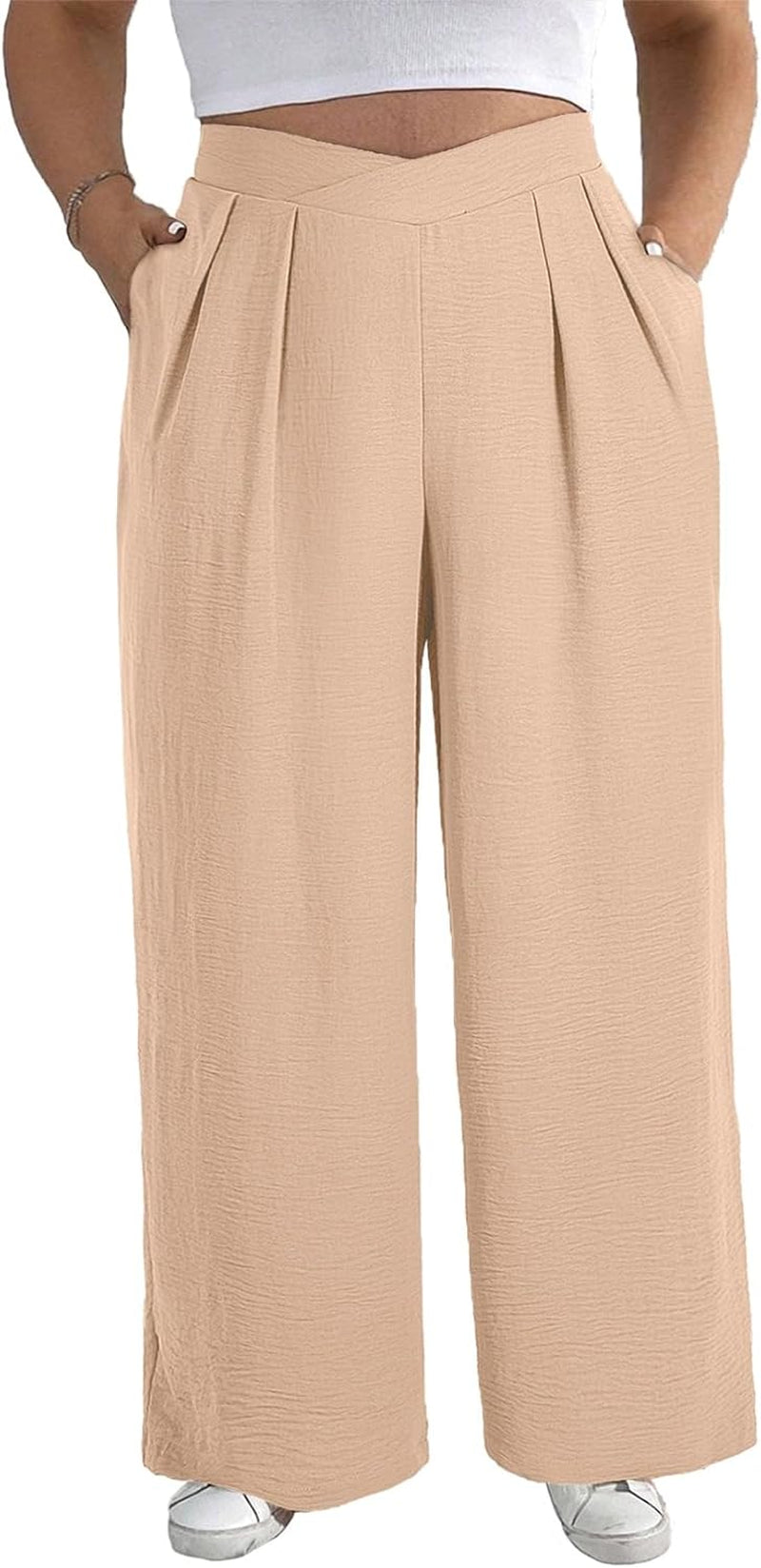 Womens plus Size Wide Leg Pants Crossover Waist Pleated Front Casual Work Pants Lounge Trouser with Pockets(1X-5X)