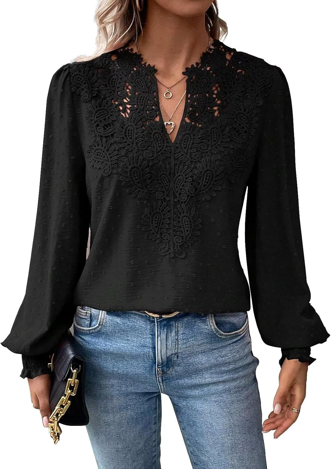 Womens Tops Swiss Dot Boho Long Sleeve Shirts V Neck Casual Chiffon Blouses Flowy Lace Hem Cute Clothing Trendy 2025