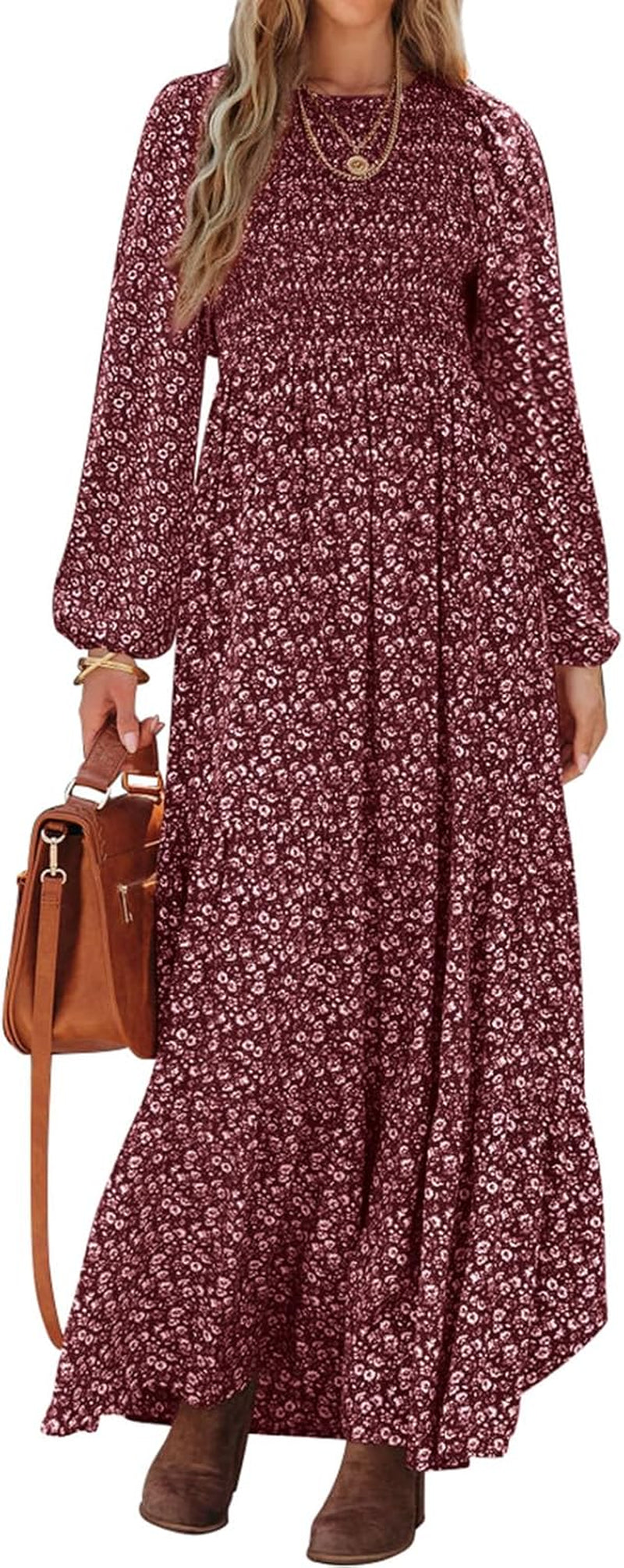 Women'S Spring Dresses 2026 Long Sleeve Flowy Casual Floral Maxi Dress Crew Neck Smocked Tiered Long Dress