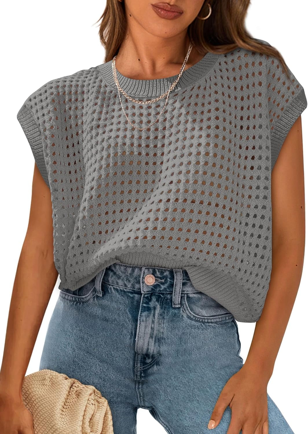 Womens Spring Tops 2026 Summer Shirts Crochet Cap Sleeve Sweater Pullover Cute Beach Vacation Clothes