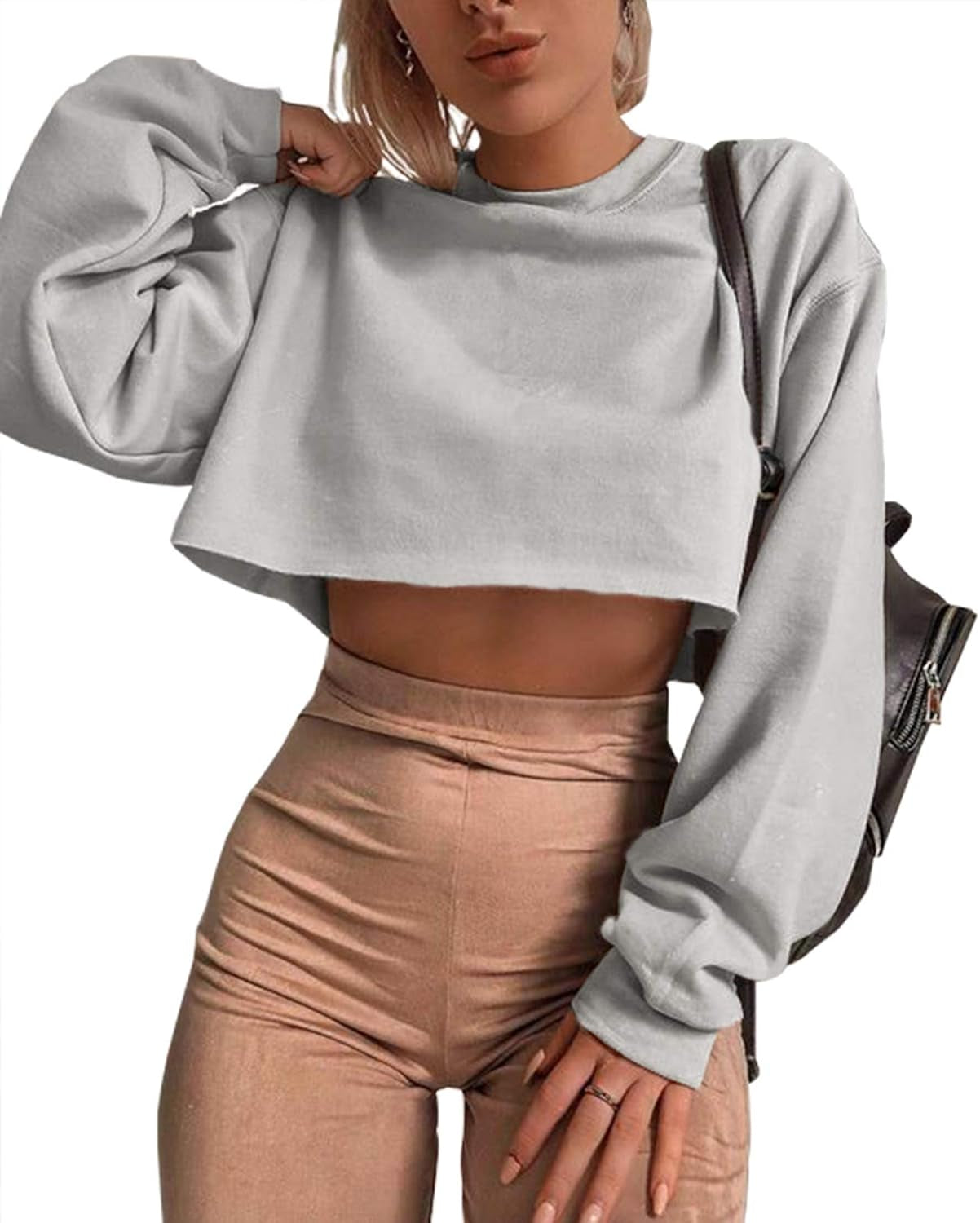 Women'S Crewneck Long Sleeve Crop Tops Workout Casual Pullover Loose Sweatshirts