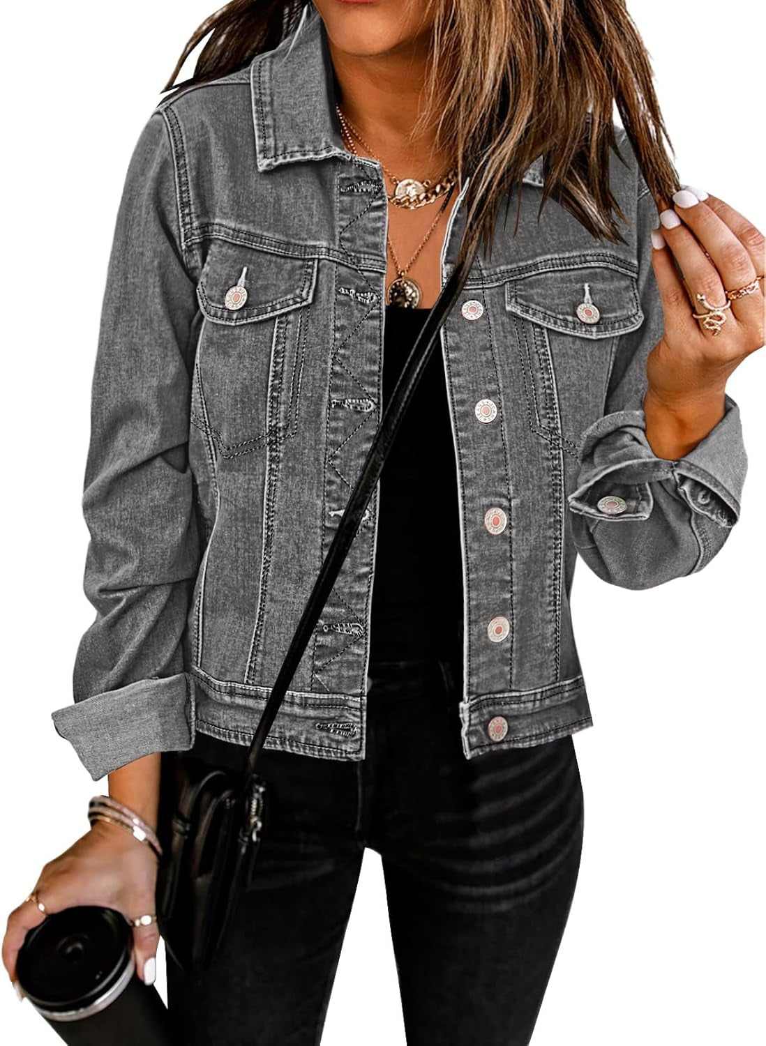 Women'S Basic Button down Long Sleeve Stretchy Jean Trucker Denim Jacket
