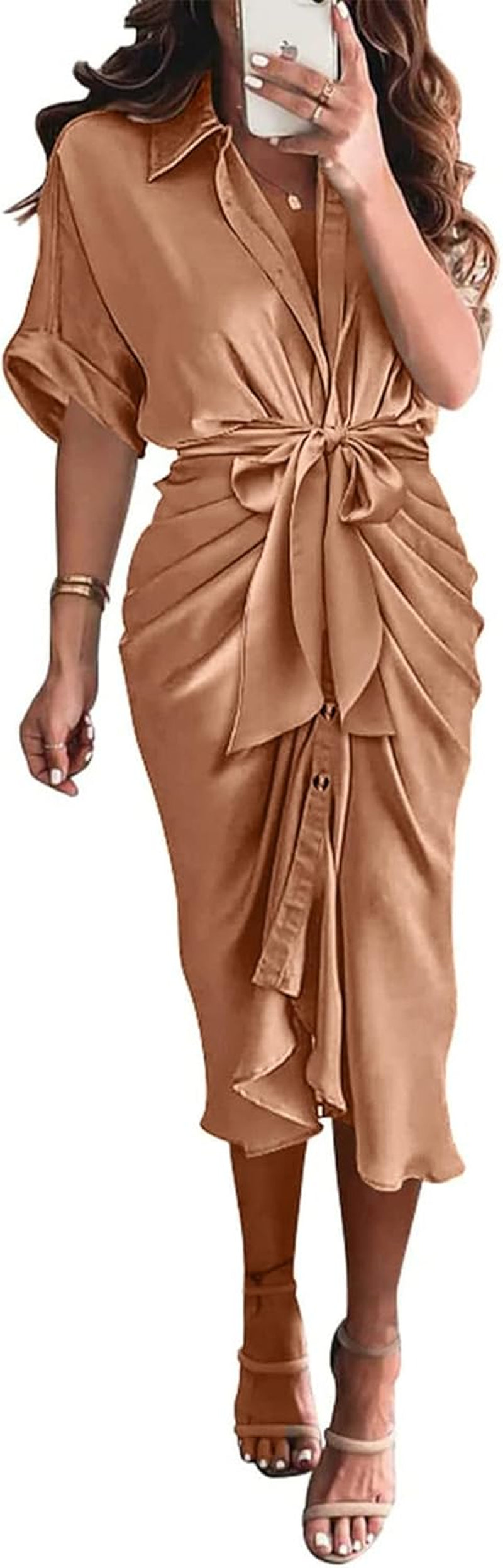 Shirt Dresses for Women Button down Short Sleeve Satin Ruched Maxi Spring Dress 2026 Cocktail Party Wedding Guest