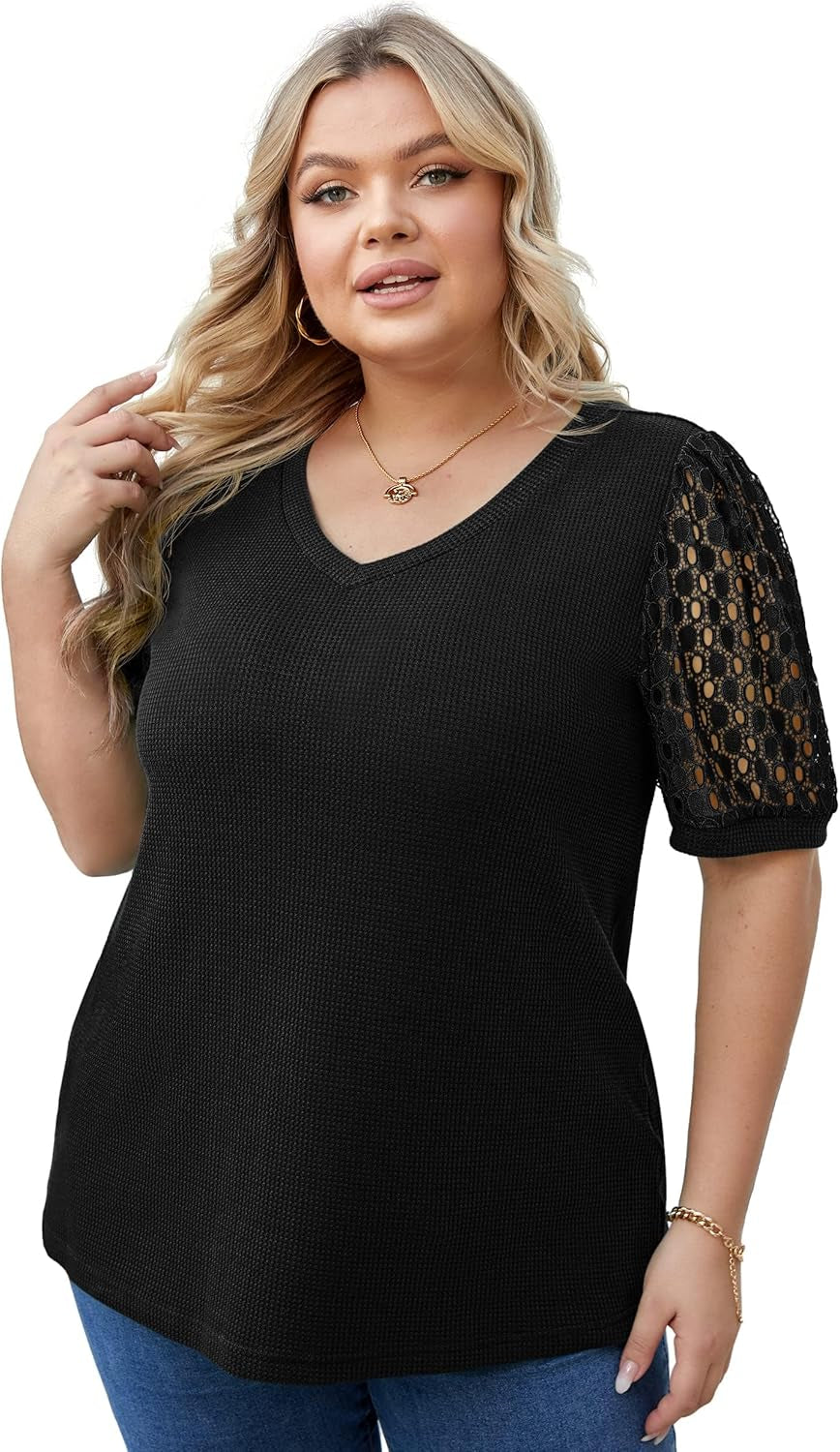 plus Size Tops for Women Summer Blouse Waffle Knit Short Lace Sleeve Shirts