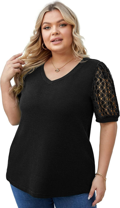 plus Size Tops for Women Summer Blouse Waffle Knit Short Lace Sleeve Shirts