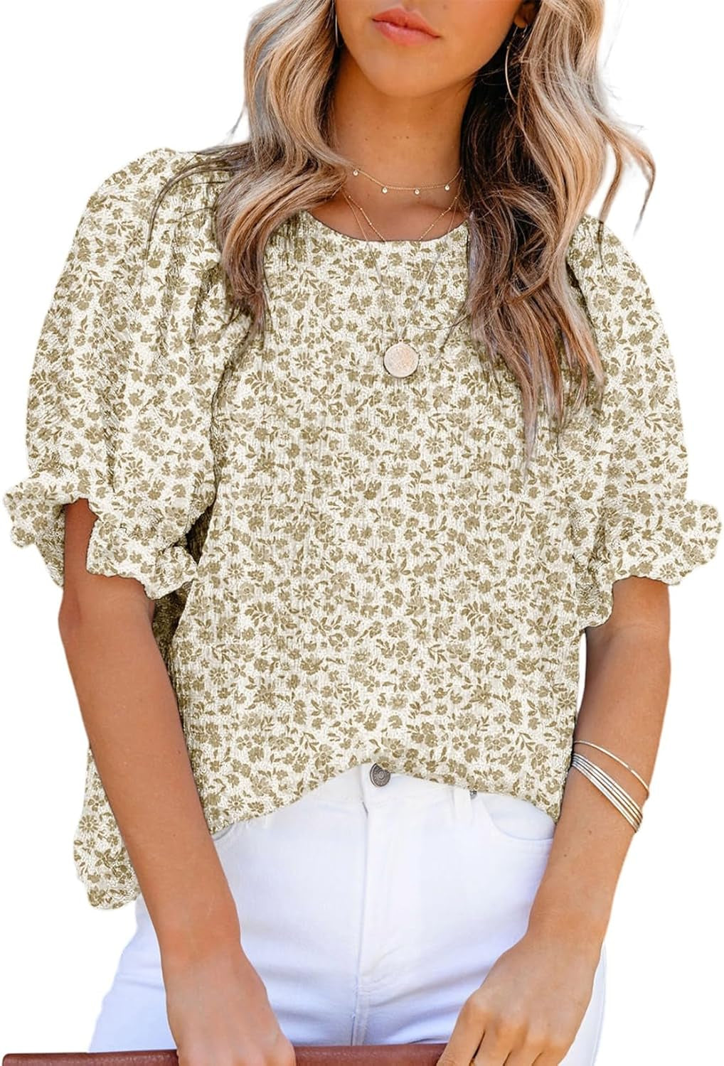 Floral Print Blouses for Women Crewneck Smocked Puff Sleeve Shirts Casual Babydoll Tops