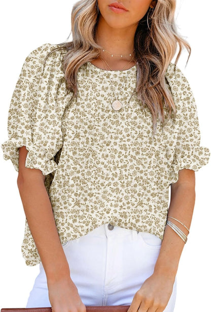 Floral Print Blouses for Women Crewneck Smocked Puff Sleeve Shirts Casual Babydoll Tops